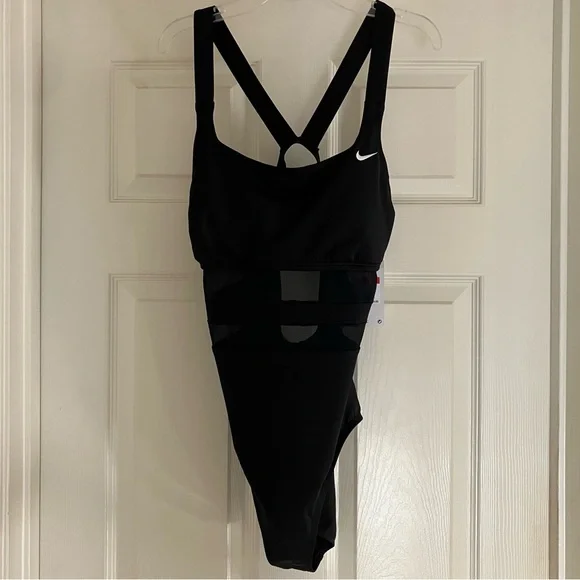 NIKE Mesh V-Back One Piece Swimsuit Black Large L NWT